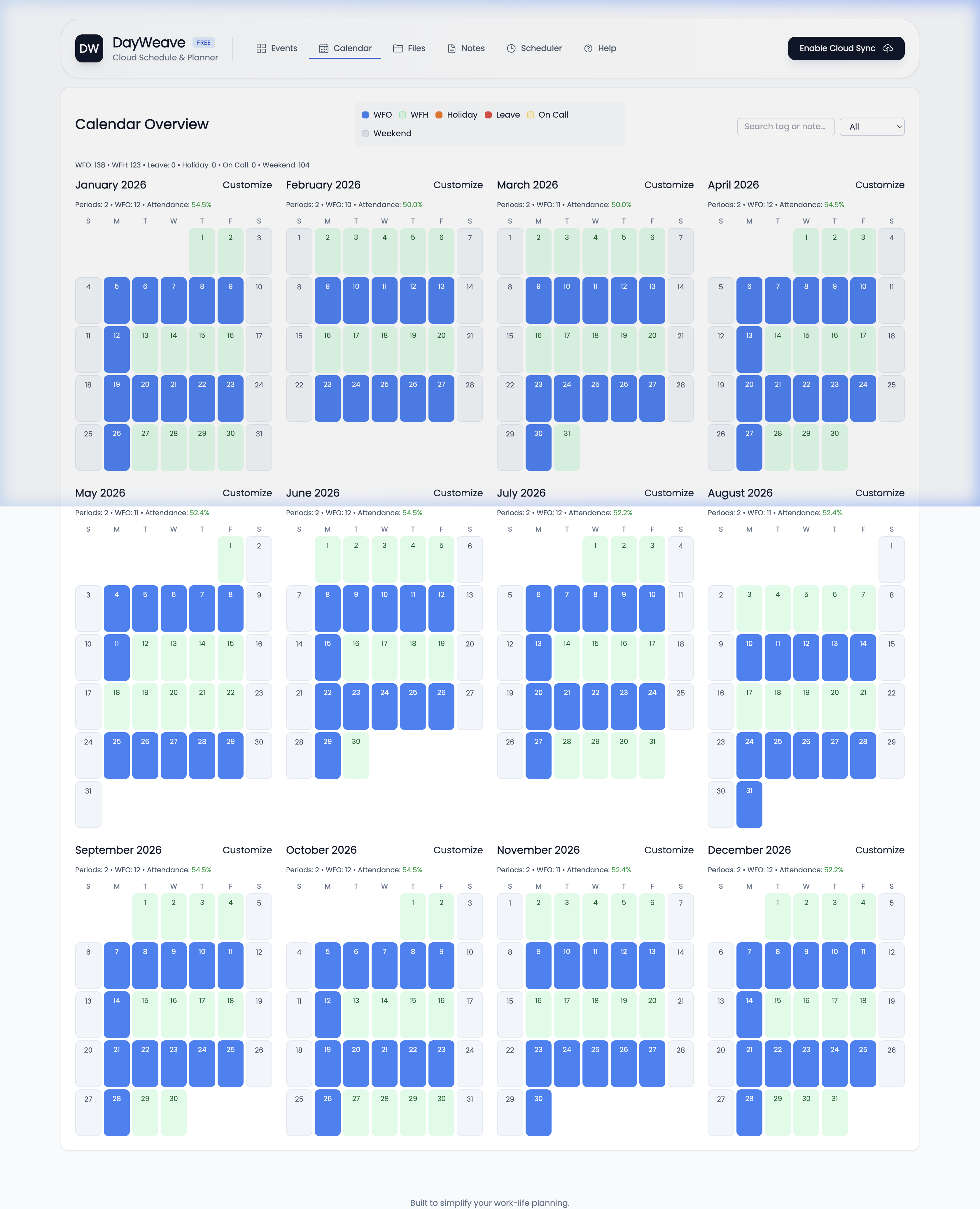 Calendar tab screenshot