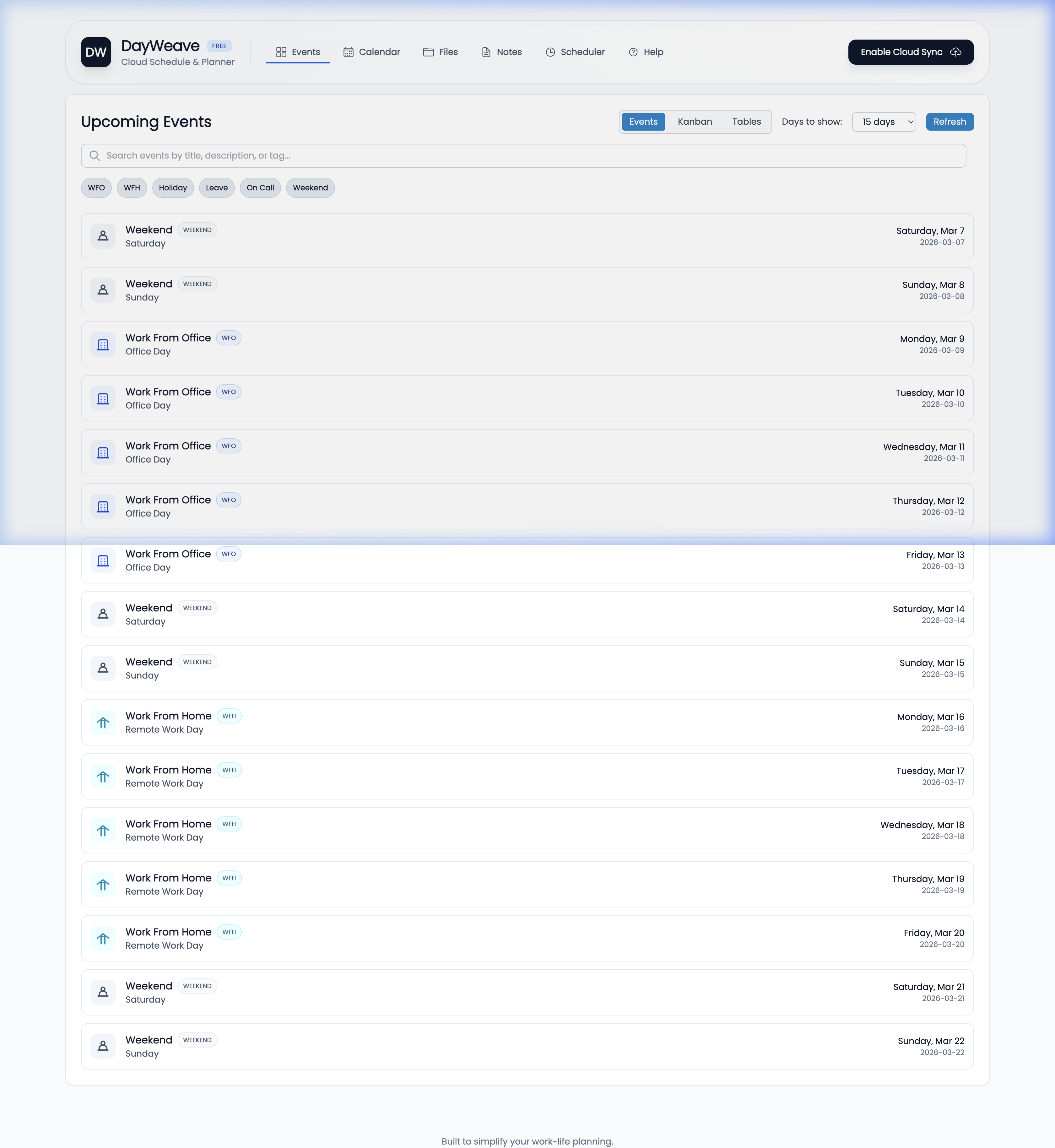 Events list view screenshot