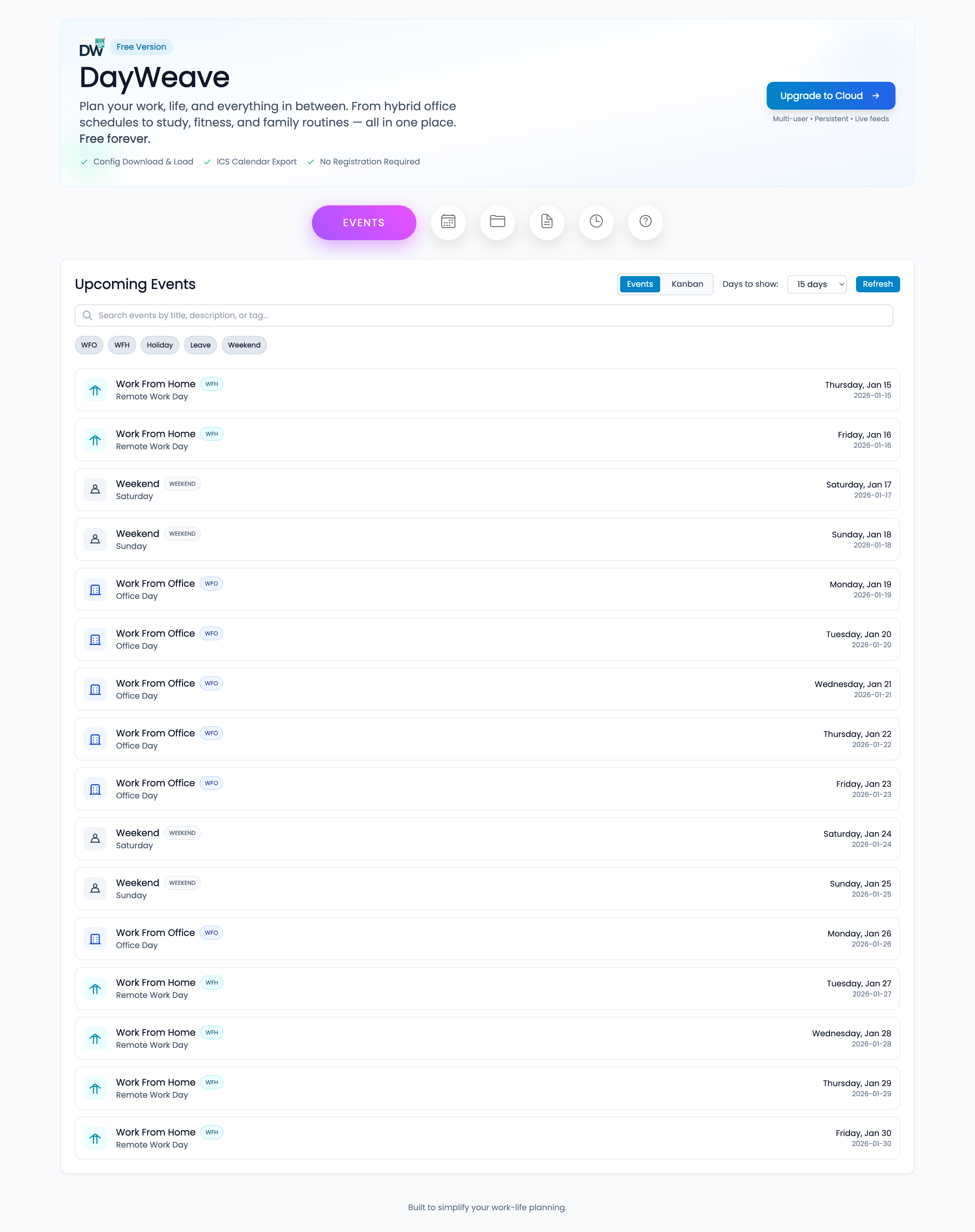Events list view screenshot